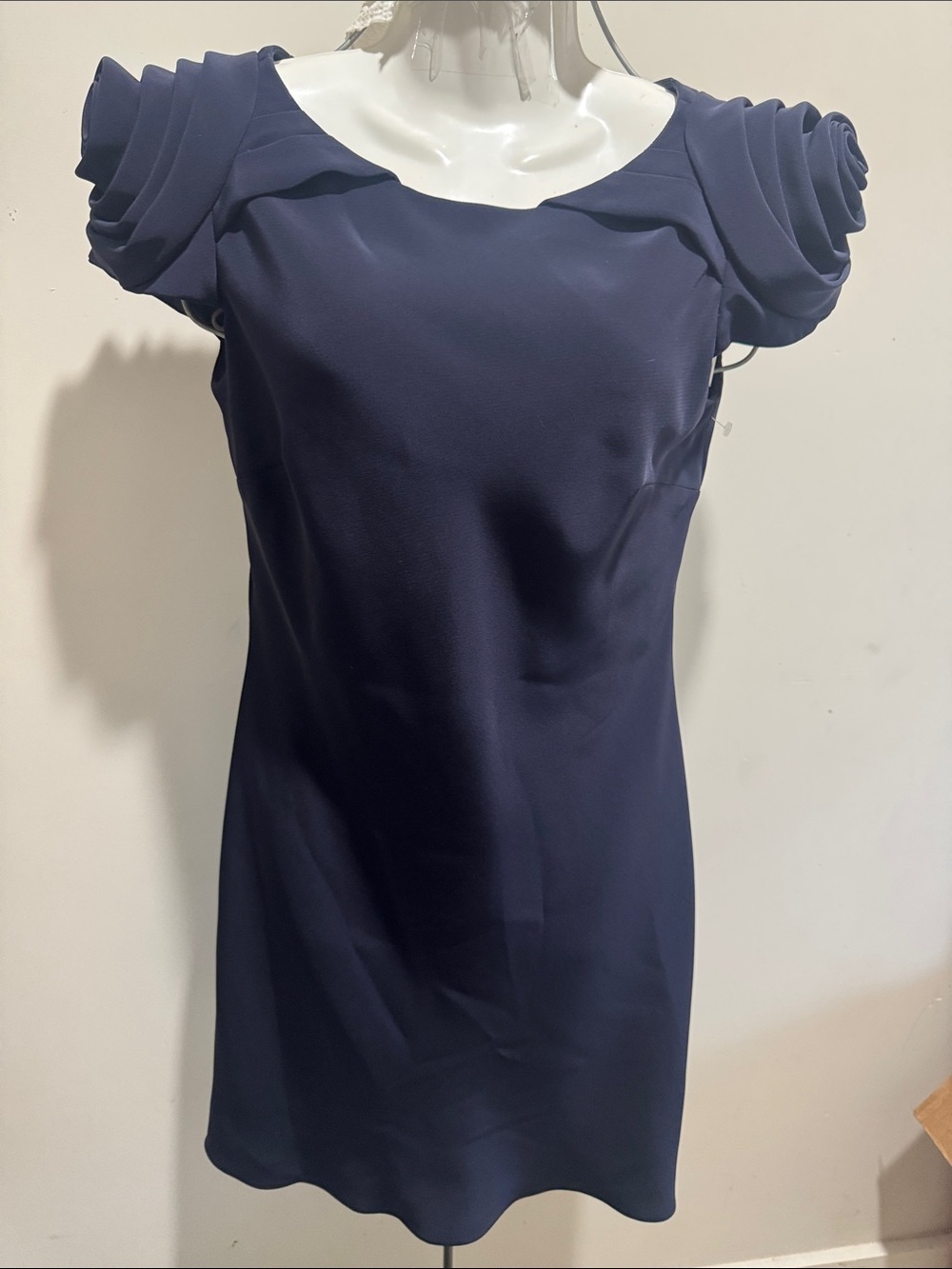 ABS Allen Schwartz Navy Mini Dress with Rosette Cap Sleeves